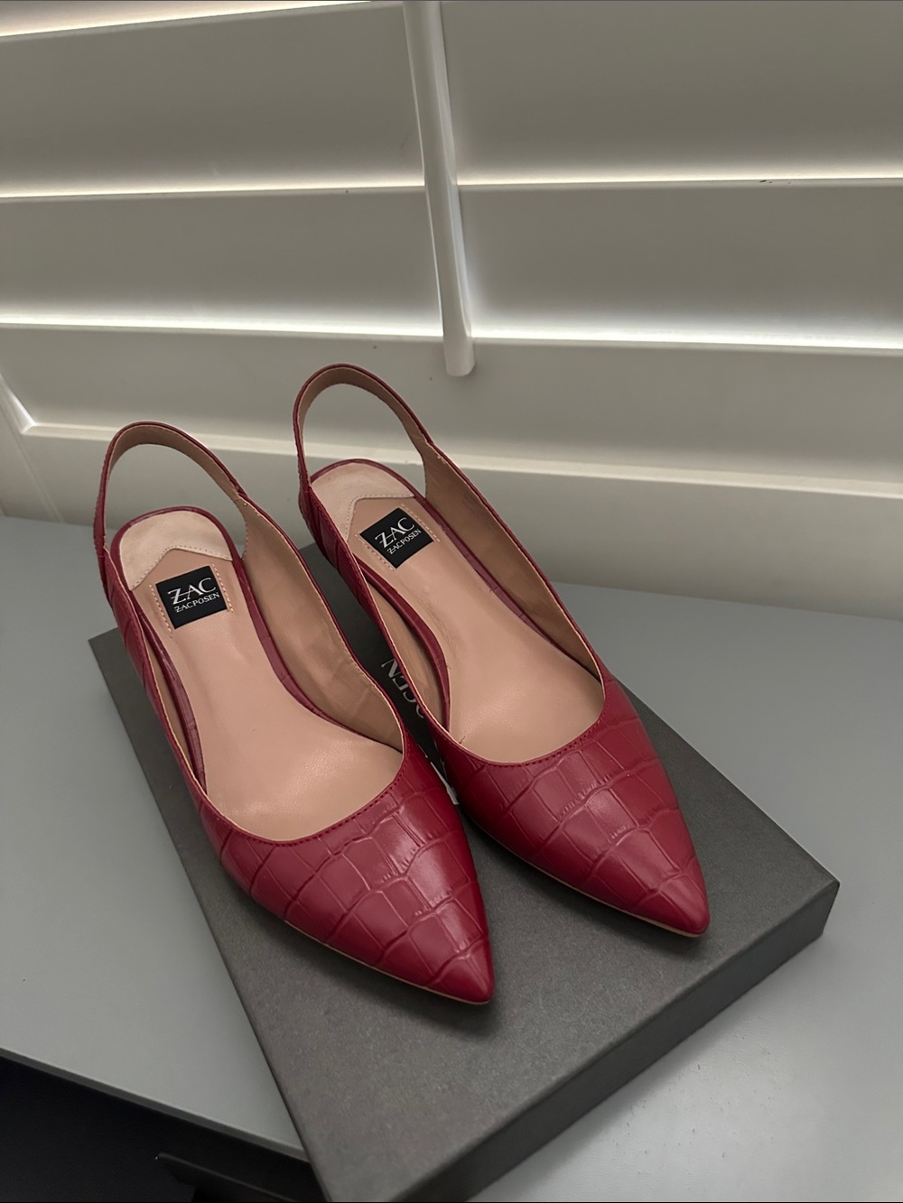 ZAC Zac Posen Burgundy Croc-Embossed Slingback Pointed Toe Pumps